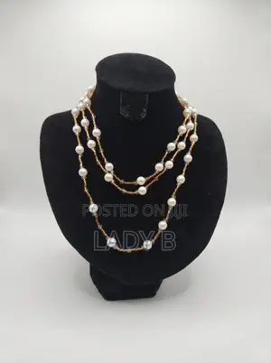 Elegant Long Pearl and Gold Seed Bead Station Necklace