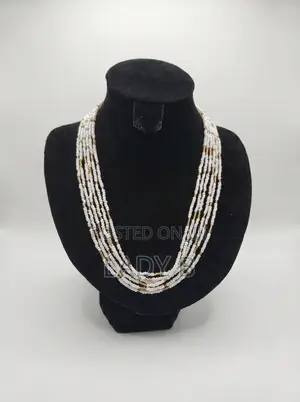Multi-Strand White and Gold Seed Bead Statement Necklace