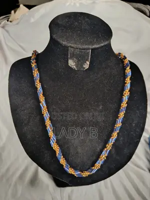Blue and Gold Spiral Bugle Beaded Necklace