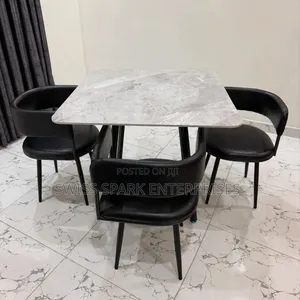 Luxury 3-Seater Marble Dining Set Square Table + Black Leather Chairs