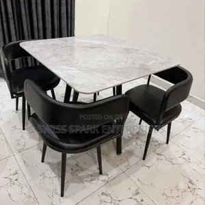 Luxury 3-Seater Marble Dining Set Square Table + Black Leather Chairs