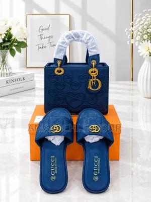 Luxury Matching Bag and Slide Set - Navy Blue - Designer Style - Box