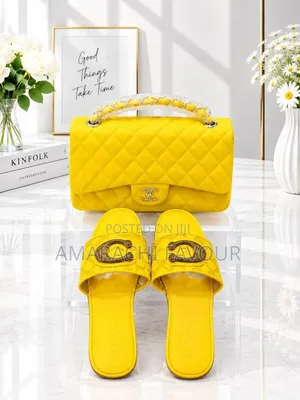 L -Matching Bag and Slide Set - Yellow - Designer Style - Box Bag
