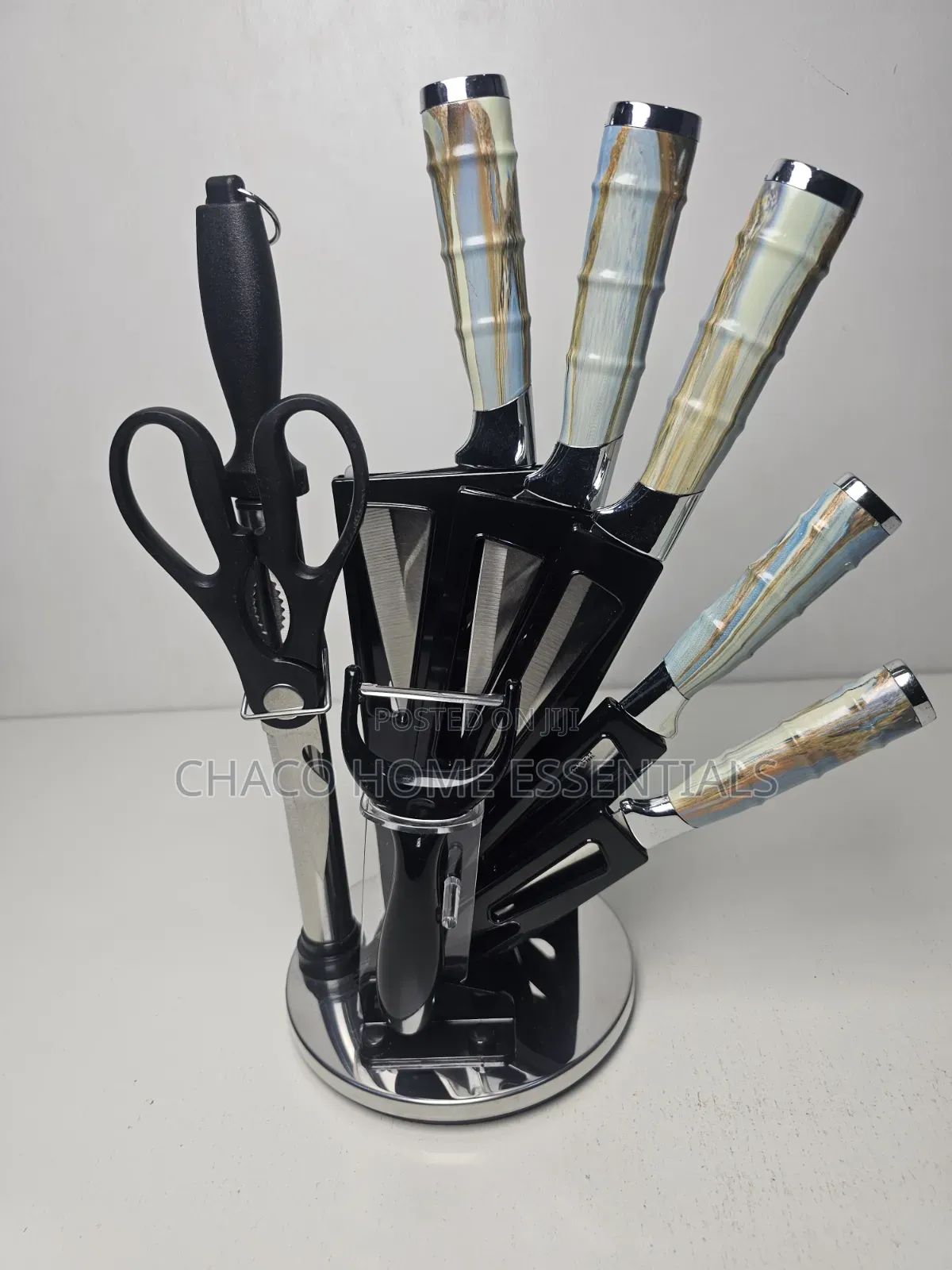 Marbled Handle Kitchen Knife Set With Rotating Stand Peeler