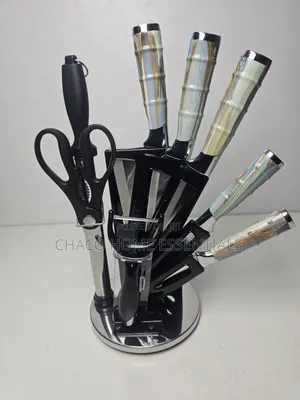 Marbled Handle Kitchen Knife Set With Acrylic Stand Peeler