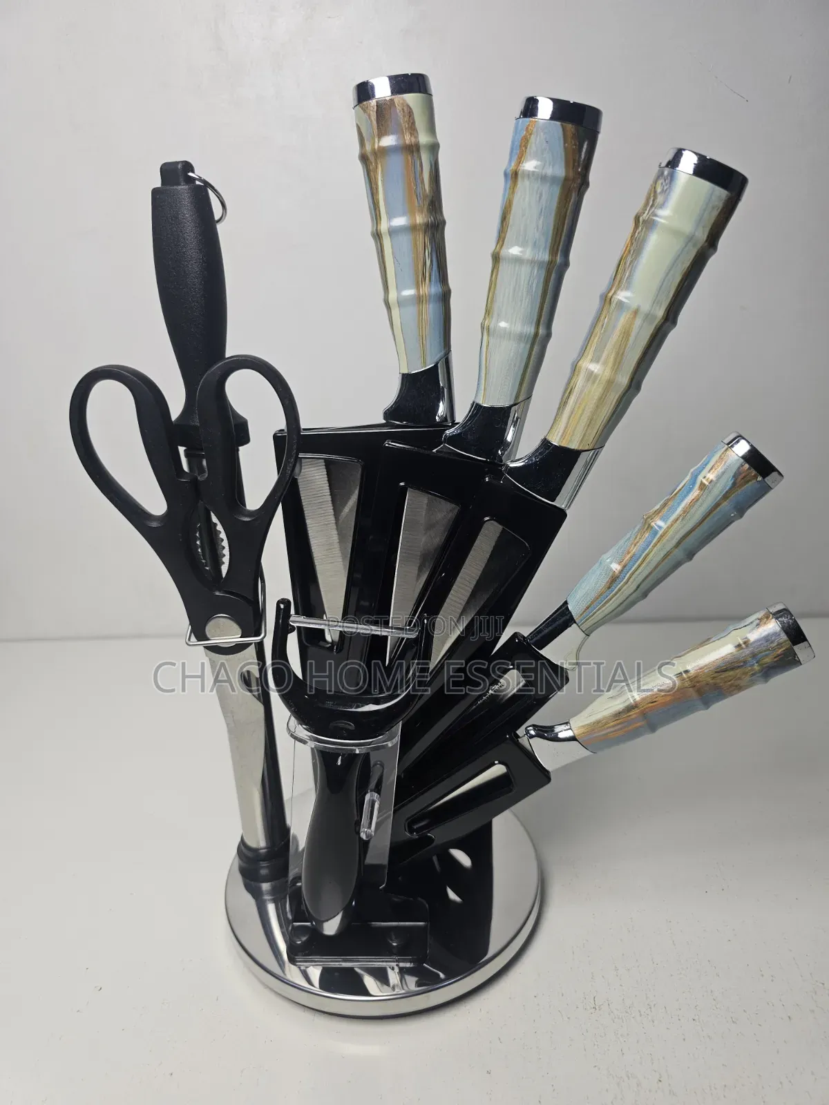 Marbled Handle Kitchen Knife Set With Rotating Stand Peeler