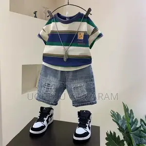 Boys’ Striped Tee Distressed Denim Shorts 2-Piece Set