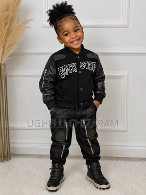 Kids' 2-Piece "Rock Star" Varsity Jacket Zipper Denim Cargo Set