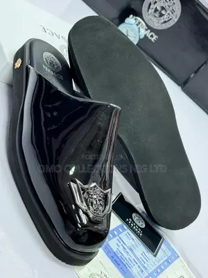 Luxury Versace Men’s Black Patent Leather Slides – Fully Boxed