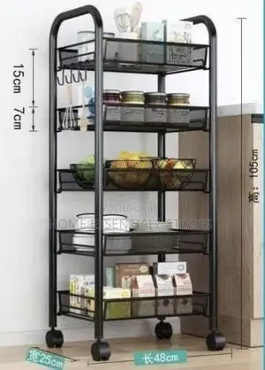 5-Tier Black Metal Rolling Kitchen Storage Rack With Wheels and Hooks