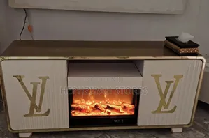 White and Gold Aesthetic TV Stand With Fire Place