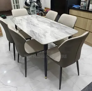 Modern 6-Seater Dining Set Featuring a Grey Marble-Finish Tabletop