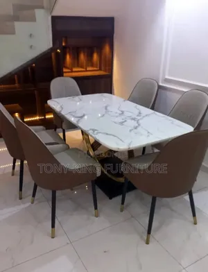 6-Seater Luxury Dining Set With White Marble-Pattern Rectangular Top