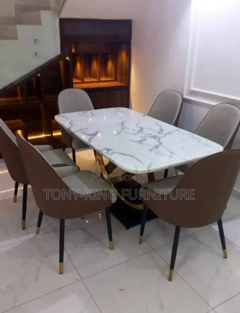 6-Seater Luxury Dining Set With White Marble-Pattern Rectangular Top