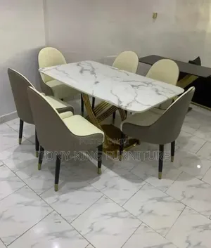 6-Seater Luxury Dining Set With White Marble-Pattern Rectangular Top