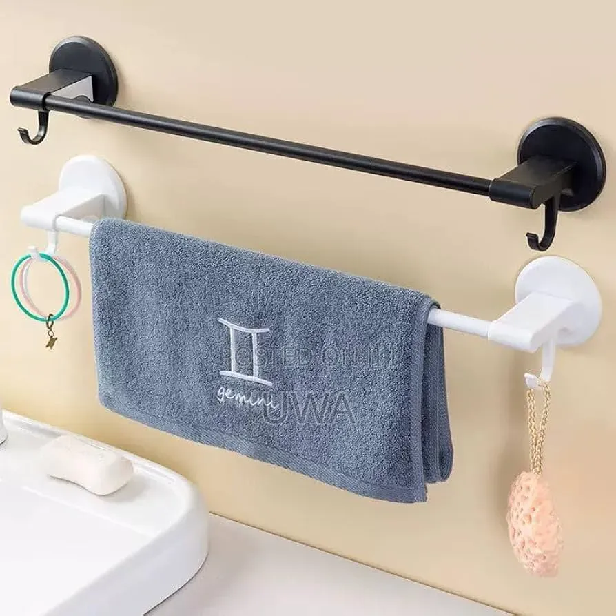Self-Adhesive Double Towel Bar Rack With Hanging Side Hooks