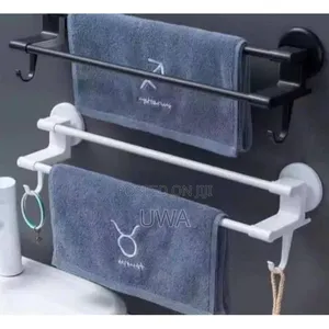 Self-Adhesive Double Towel Bar Rack With Hanging Side Hooks