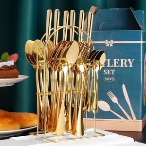 24Piece Stainless Steel Gold Cutlery Set With Organizer Hang Stand