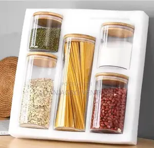 5pcs Glass Storage Jars-Cereal/Spices Jars With Bamboo Lid