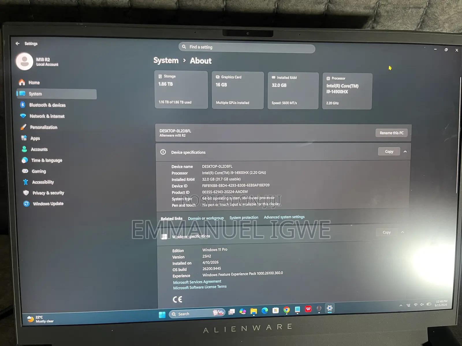 Laptop Alienware M18 R2 32GB Intel Core i9 SSD 2T