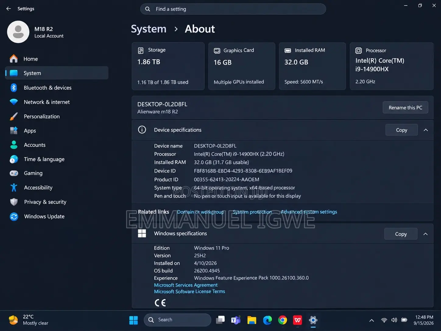 Laptop Alienware M18 R2 32GB Intel Core i9 SSD 2T