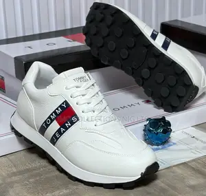 Tommy Hilfiger Men’s Leather Sneakers–Red, White Blue Branding