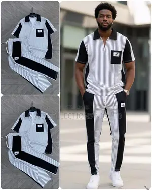 Luxury Men’s 2-Piece Set–Black White Striped Polo Matching Trouser