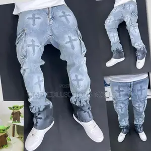 Luxury Men’s Designer Cross Pattern Gradient Blue Jeans–Premium Pants