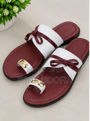 Women’s Stylish Flat Sandals – White Burgundy Bow Design