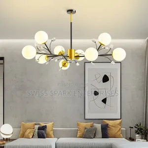 Modern Branch Chandelier - Milky Globe + Crystal Leaf - Black Gold