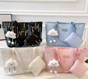 Women's 2in1 Texture Canvas Tote Bag With Plush Cloud Keychain