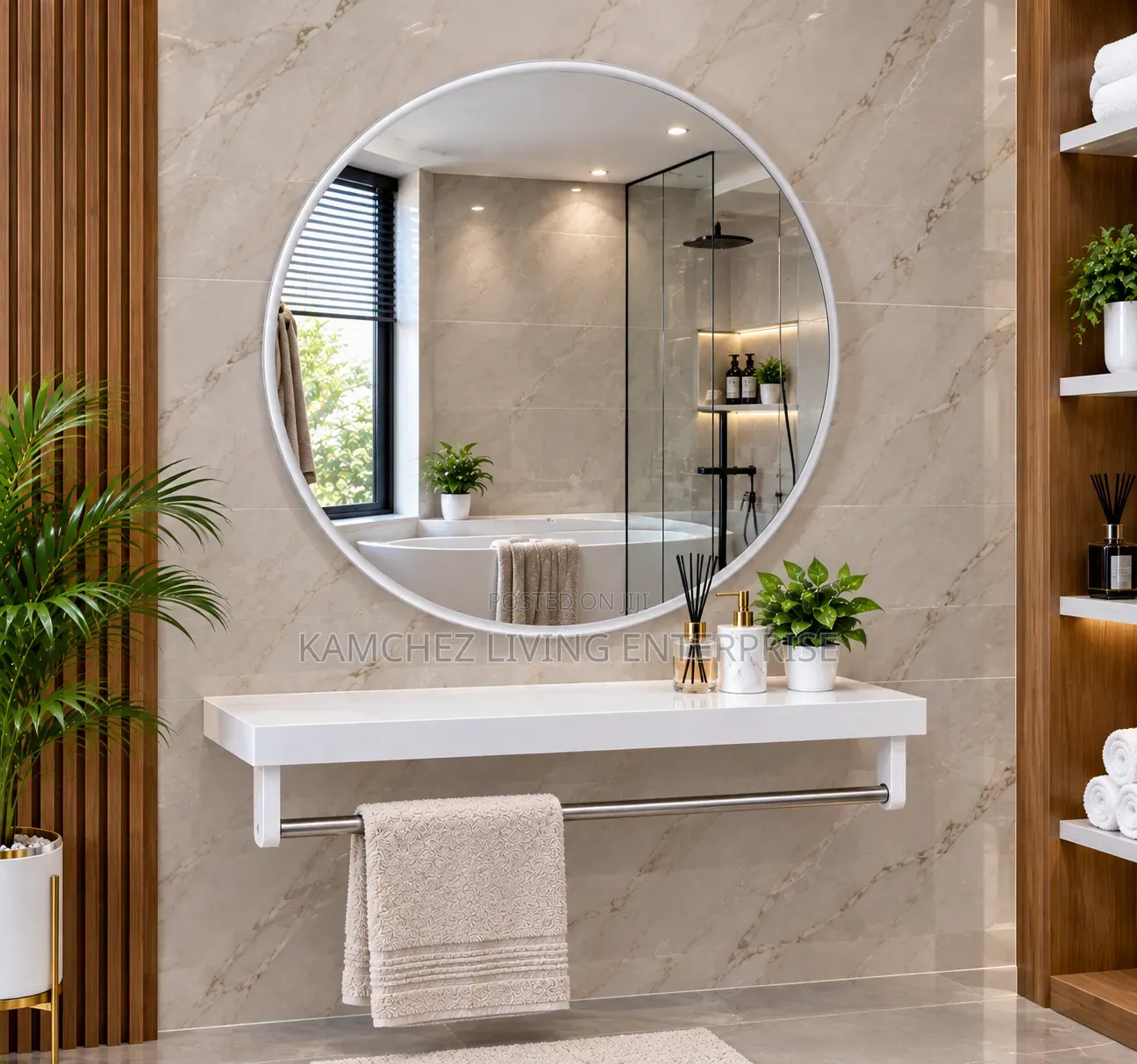 Modern Round Bathroom Mirror With Shelf