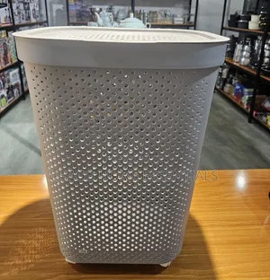 Large Premium Plastic Laundry Basket With Lid Wheels - Grey / White
