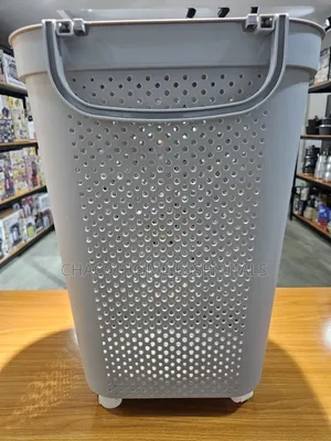 Large Premium Plastic Laundry Basket With Lid Wheels - Grey / White
