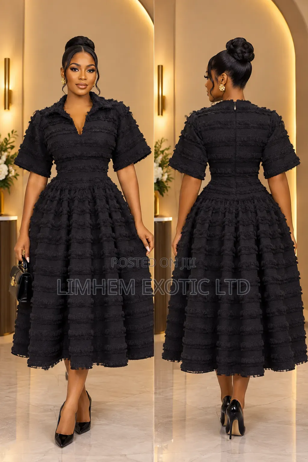 Luxury Brown Ruffle Flare Dress