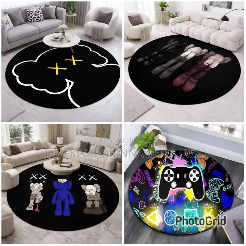 Round KAWS Inspired Black Area Rug