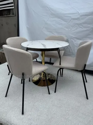 Modern Luxury Round Dining Set a White Marble-Patterned Tabletop