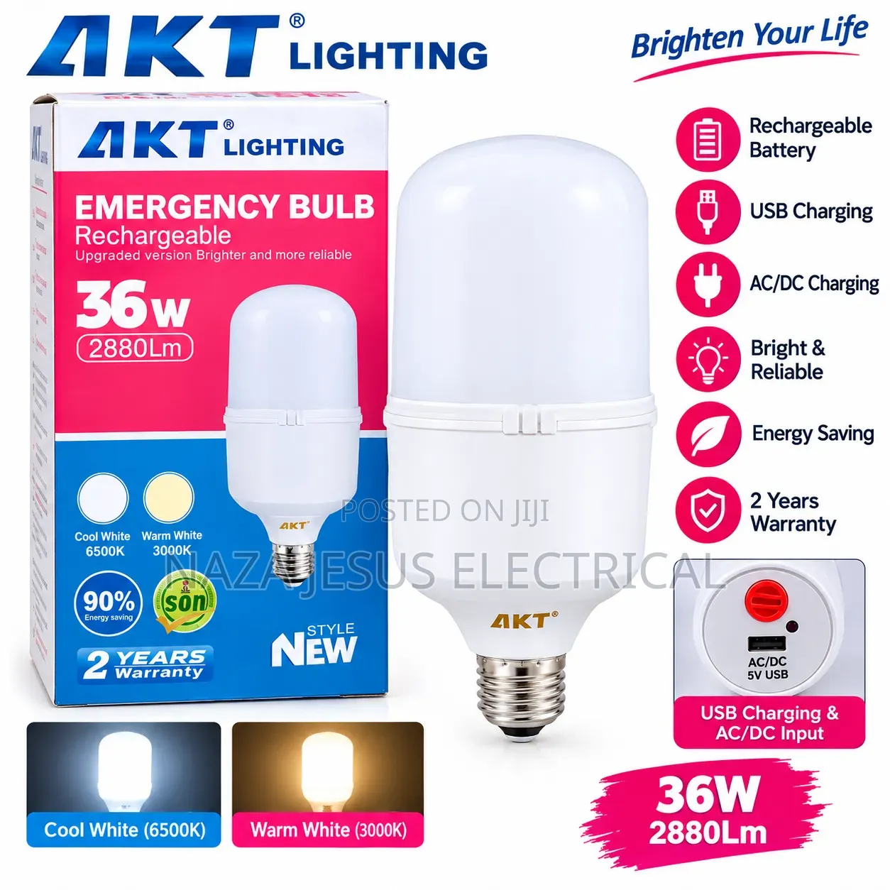 AKT 36W Rechargeable Emergency Bulb 2880Lm
