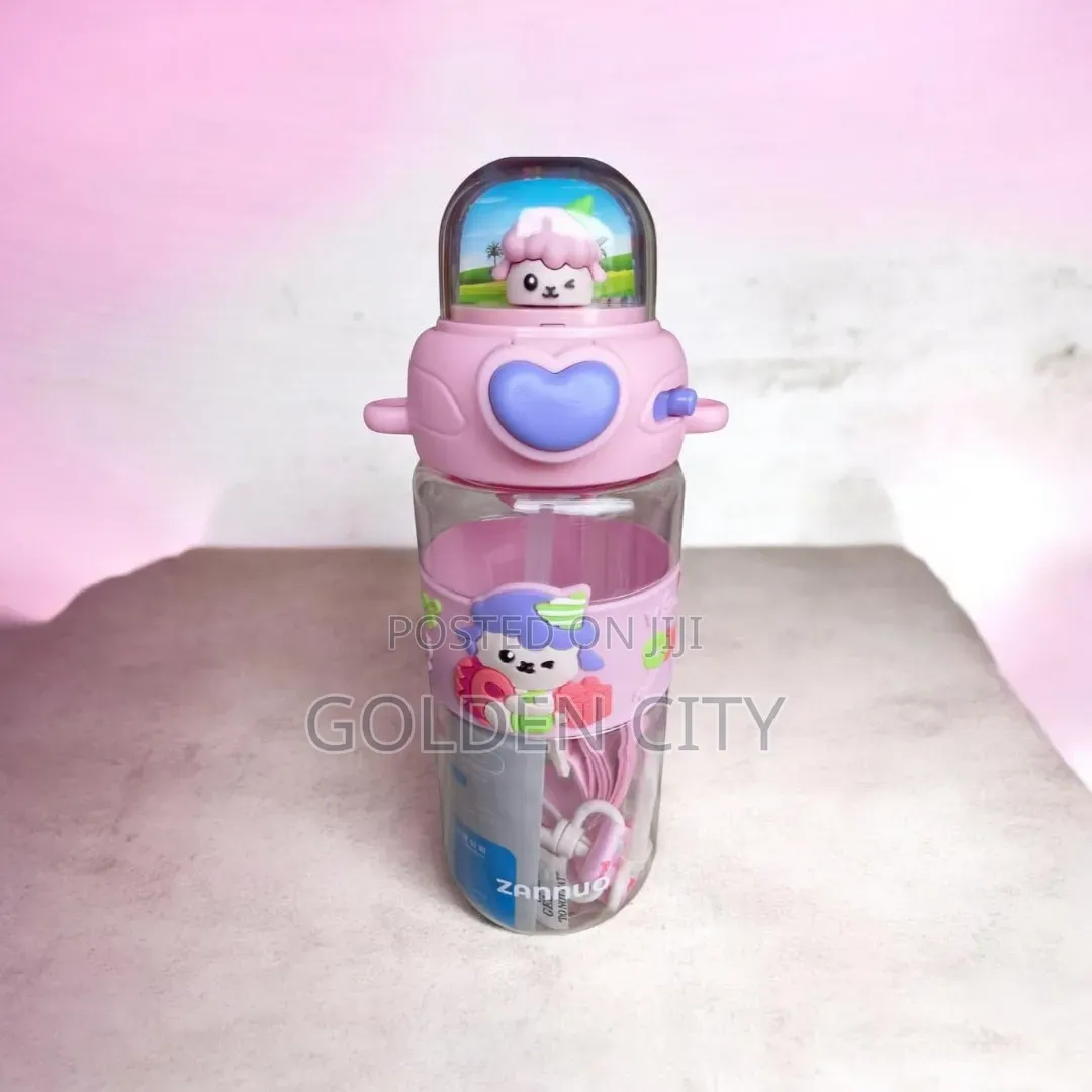 Cute Character Water Bottle With Built-in Straw