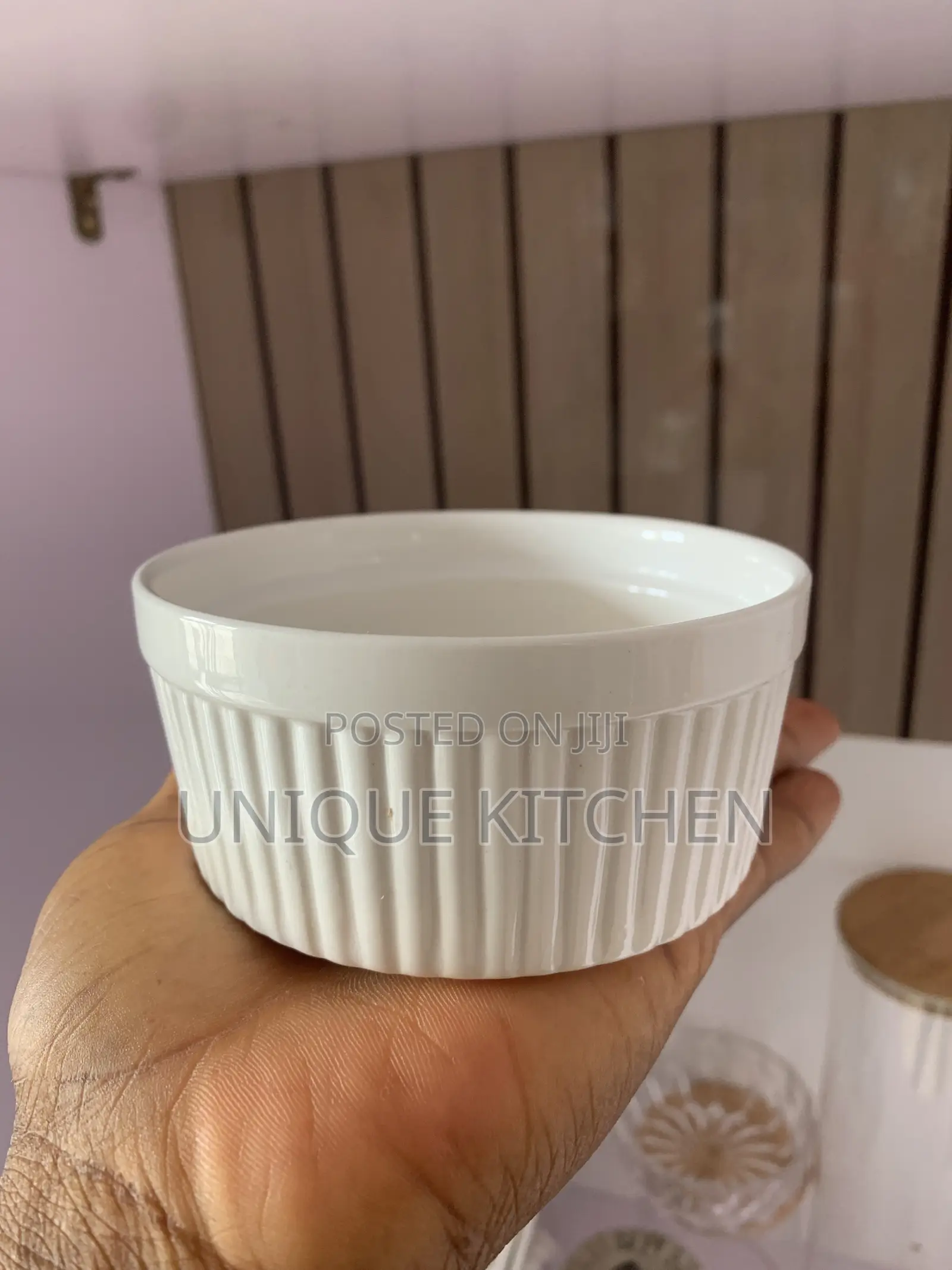 White Porcelain Ramekin With a Fluted, Ribbed Exterior.