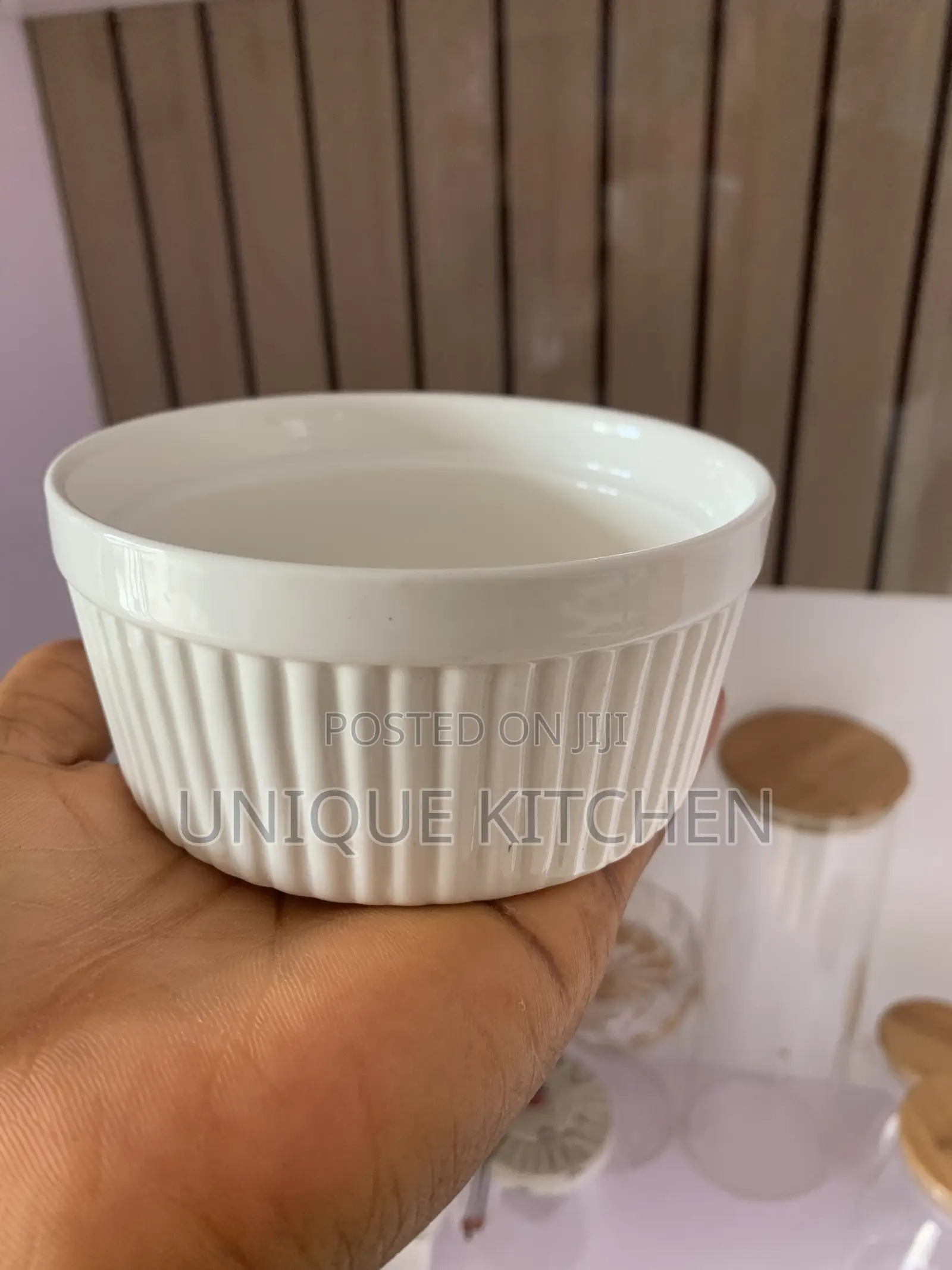 White Porcelain Ramekin With a Fluted, Ribbed Exterior.