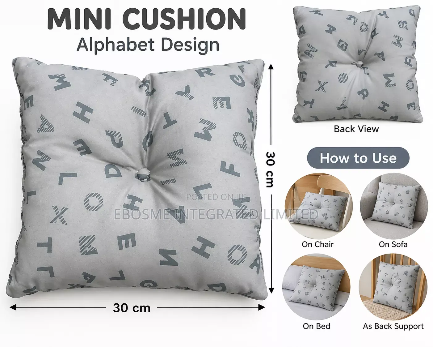 Mini Alphabet Decorative Cushion 30 × 30cm – Grey
