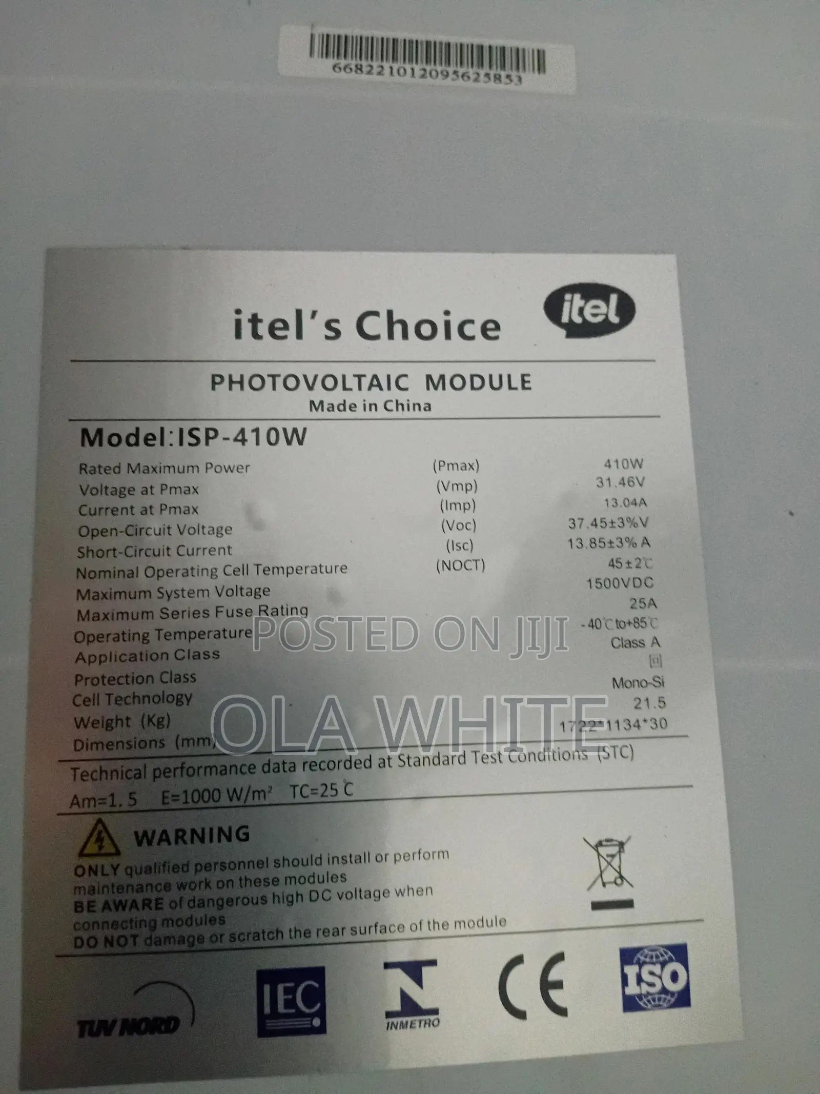 Itel Monocrystaline Solar Panel 410pv