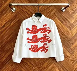 Ecru Lions Graphic Cropped Corduroy Shirt