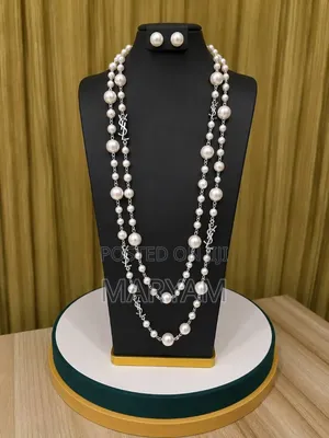 Layered Faux Pearl Long Chain Necklace With Stud Earrings