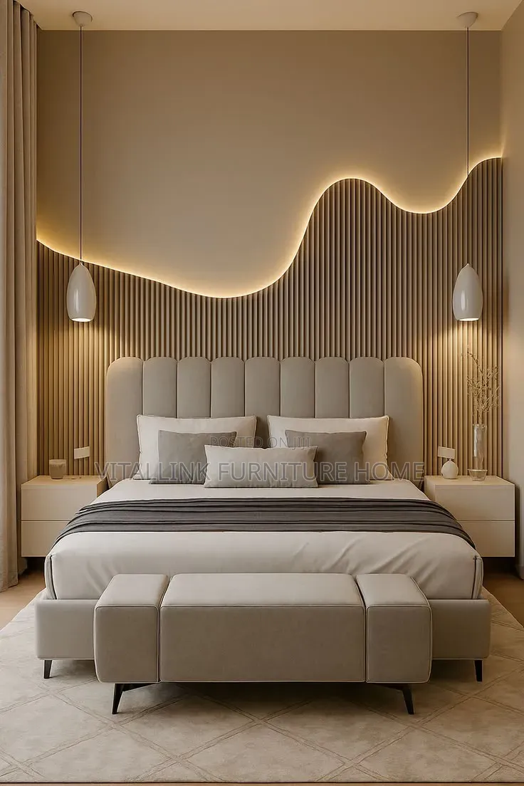Luxury Bed Set With Fluted Wall Panel, LED Ceiling Bench