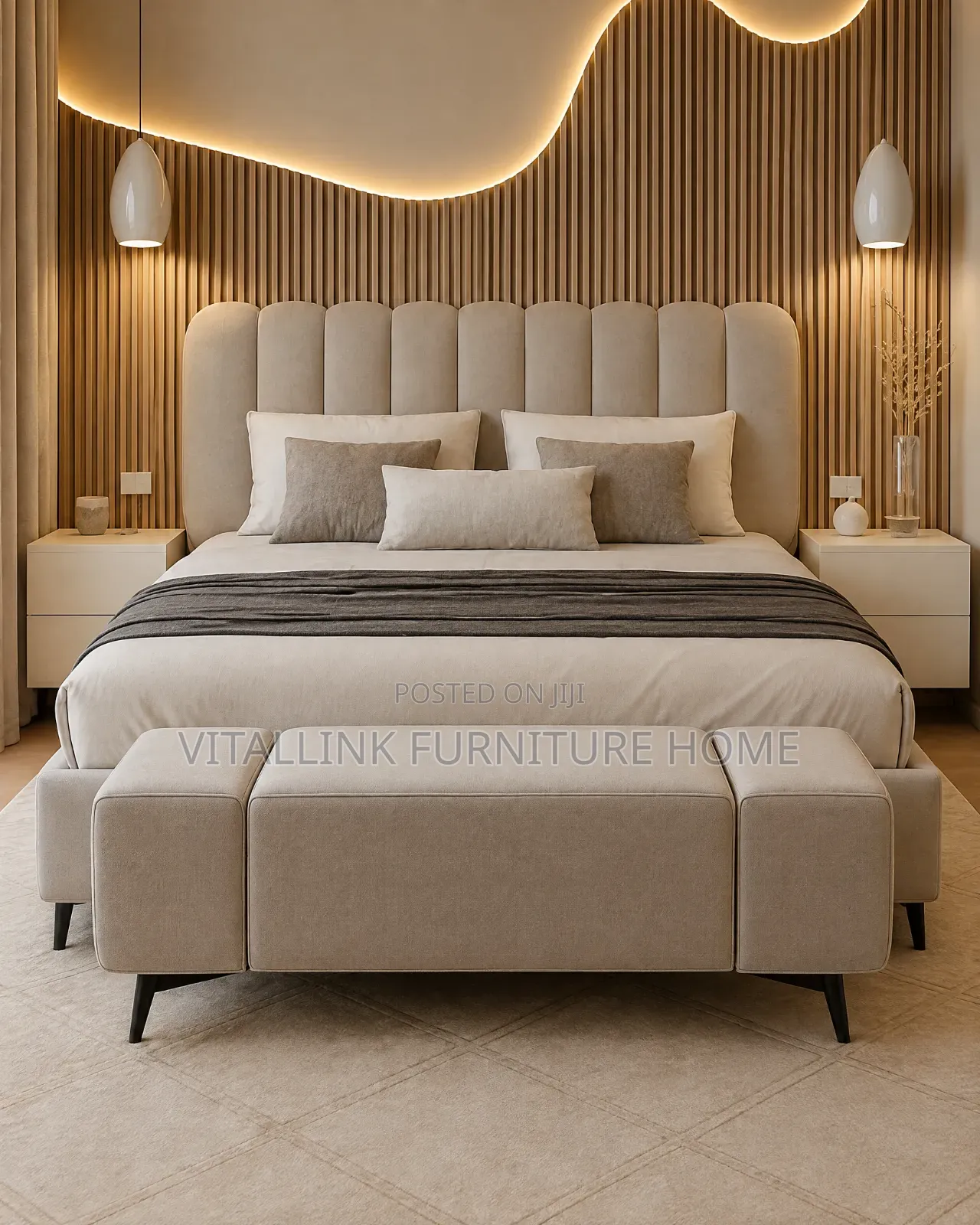 Luxury Bed Set With Fluted Wall Panel, LED Ceiling Bench