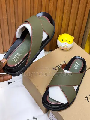 Olive Green Leather Criss-Cross Strap Zara Slides