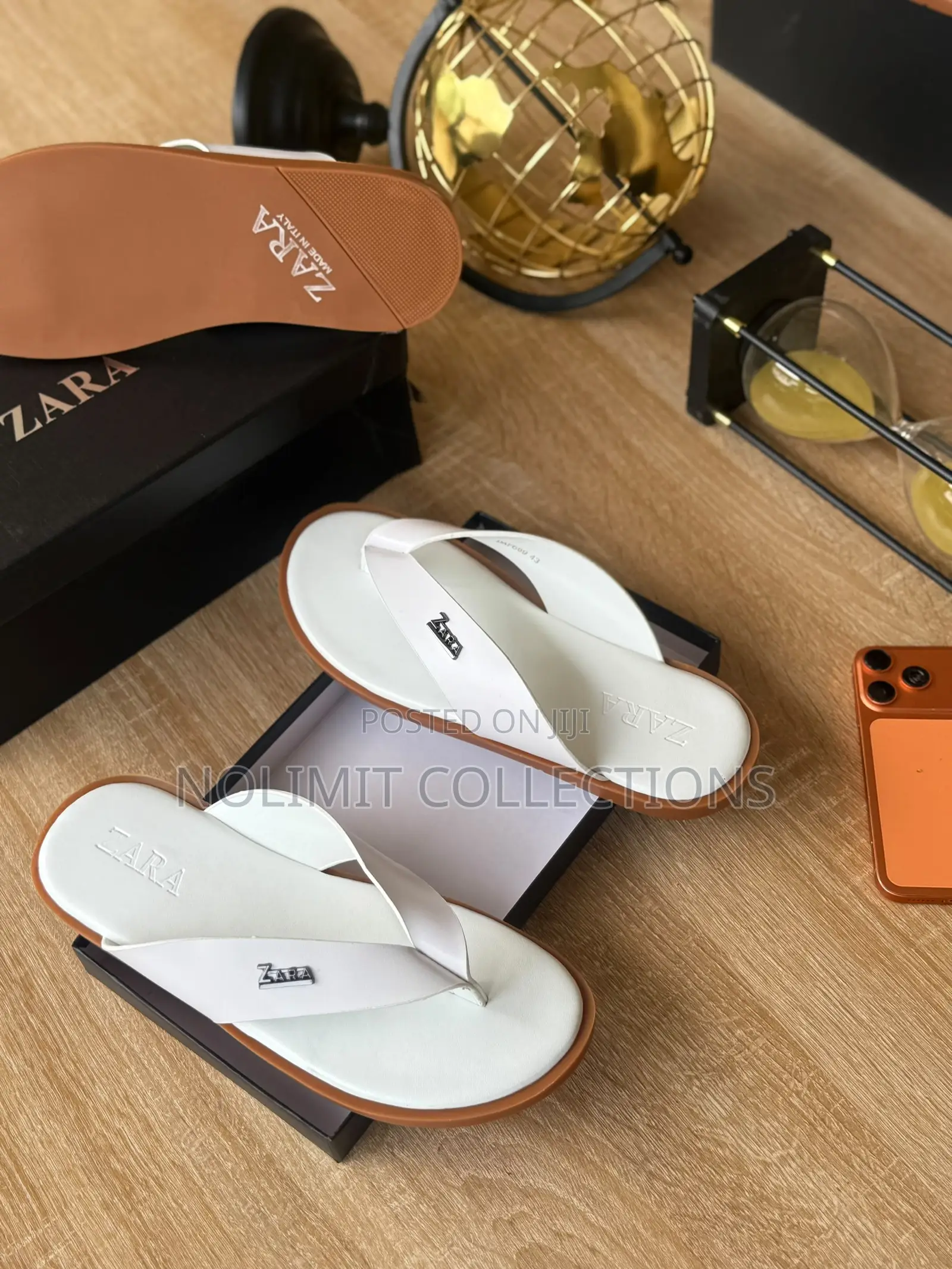 White Leather Zara Slides for Men