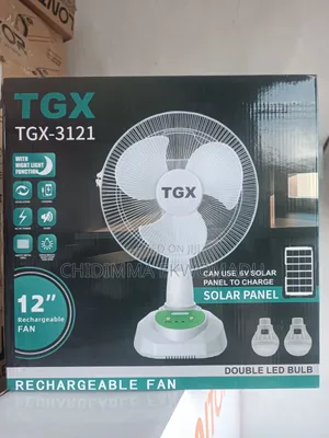 TGX 12" Rechargeable Table Fan With Solar Panel and Two Bulbs